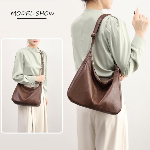 Hobo Bags for Women Foldable Vegan Leather Shoulder Handbag Slouchy Tote Crossbo - Picture 2 of 9